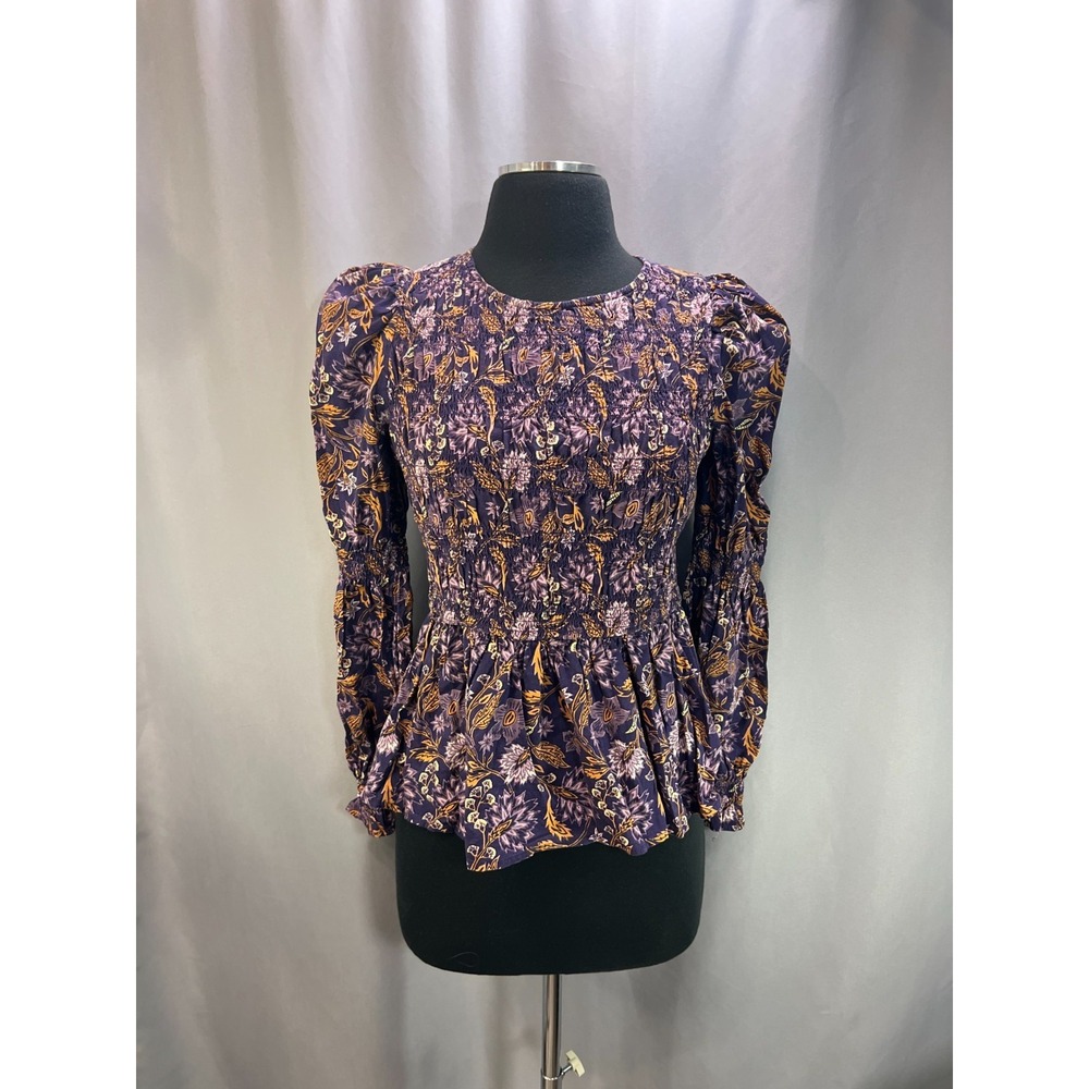 Universal Thread Tunic Top Womens XS Purple Floral Smocked Crew Neck Long Sleeve